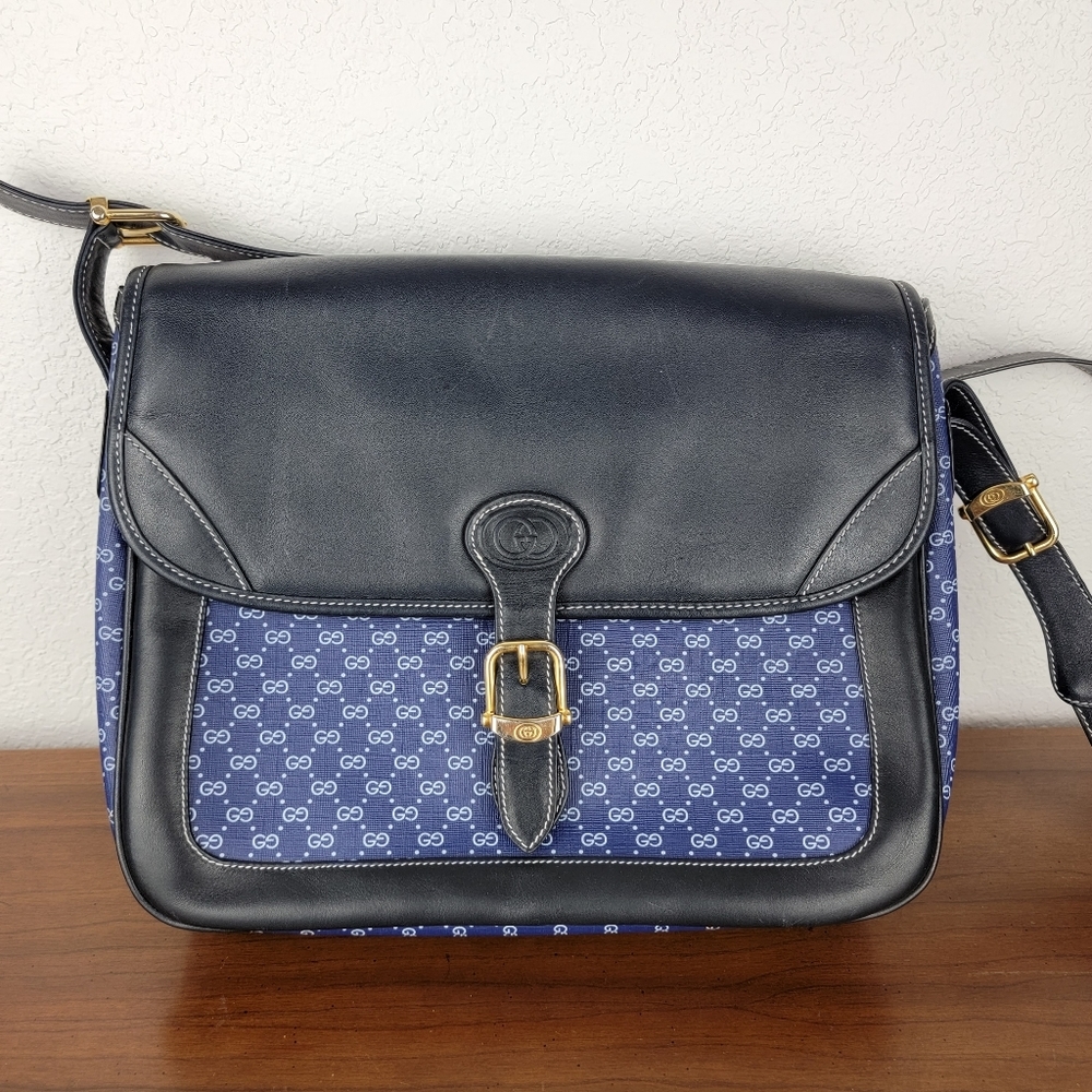 Gucci Vintage Blue Logo Shoulder Bag Purse w/ Gold Hardware